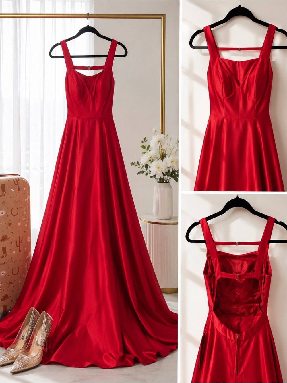 B. Smart Red Satin A-Line Prom Gown with Square Neck